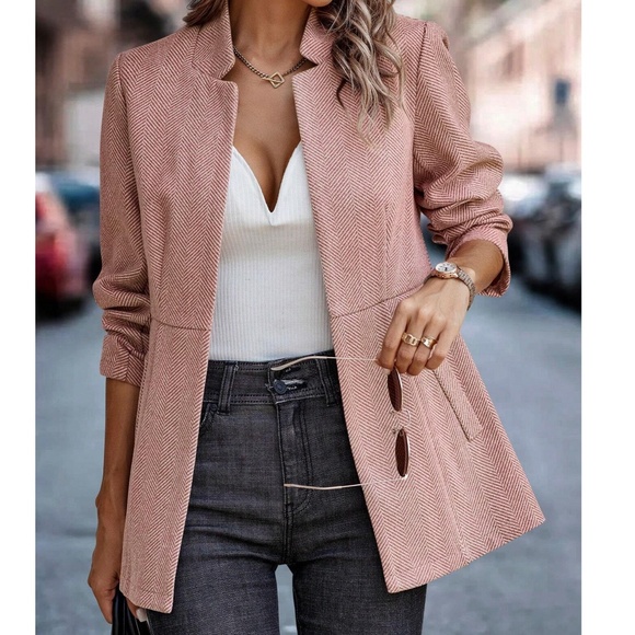 Classic Herringbone Open Front Blazer Jacket Coat - Picture 2 of 14